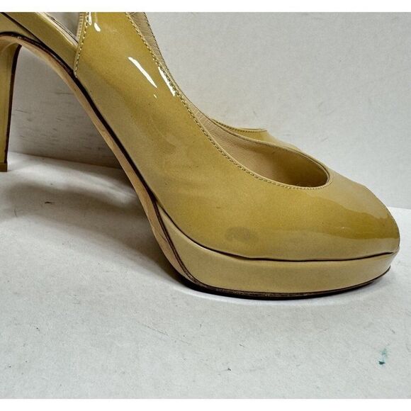 Jimmy Choo Patent Leather Tan High Heels Slingback Peep Toe Womens Size 7 / 37 - Picture 2 of 11